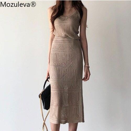 Mozuleva 2020 New Summer Woman 2 Piece Sets Vest Matching Long Skirt High Waist Knitted Casual Hollow Out Elegant Suits