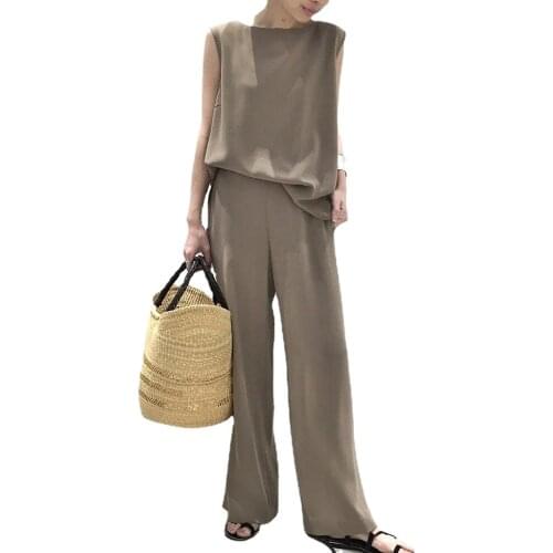 Chiffon Summer Womens Suit Solid Sleeveless Vest + Elastic Waist Wide Leg Pants Loose Two Piece Set Women Japanese Style