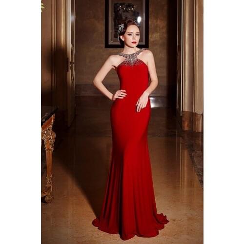 Vestido de festa red long mermaid new jurken sexy backless crystal beading Formal Evening elegant gown Bespoke Occasion Dresses