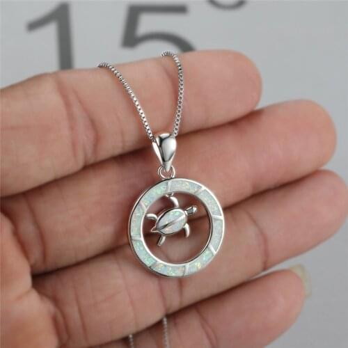 Rose Gold Silver Color Chain Necklace Cute Sea Turtle Opal Wedding Necklace Female White Blue Round Pendant Necklaces For Women