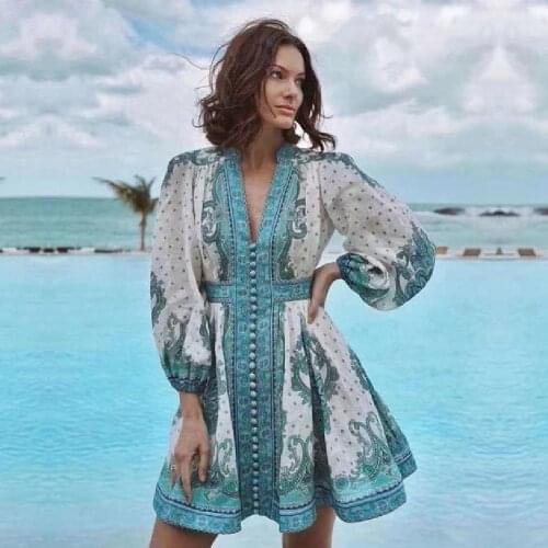 Women 2021 Fashion Boho Print Dress Vintage Beach Cover up Female Dresses Beach Tunic Chic Vestidos Mujer