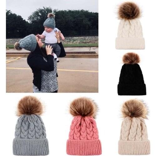 2Pcs Parent-child Winter Hat Cute Infant Baby Pompom Winter Hat Fur Ball Hat Mother Kids Warm Knitted Hat Newborn Beanies Cap