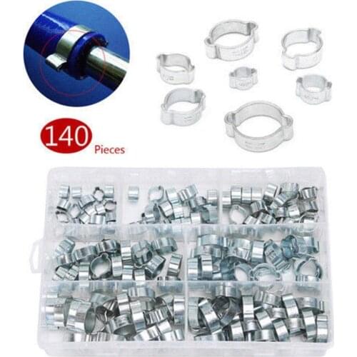140Pcs Zinc Plated Double Ear Clamp Air Fuel Hose Pipe O Clip Assortment Kits