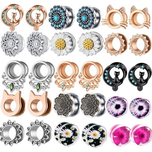 2pcs Multiple Styles Screw Ear Flesh Tunnel Plugs Piercing Retro Flower Orelha Gagues Ear Expander Piercing Body Jewelry 00g 0g
