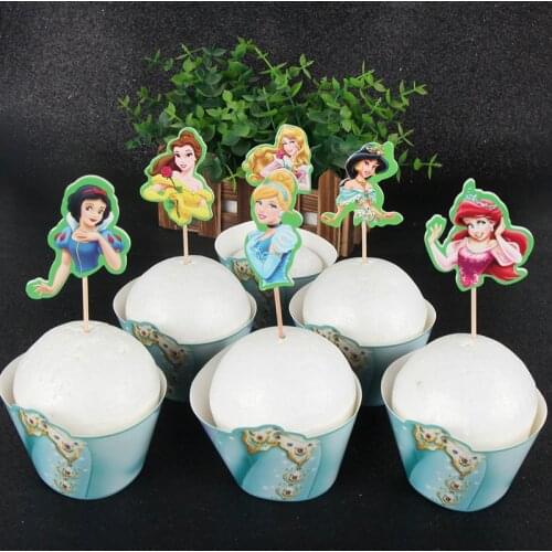 24pcs Princess Cupcake Wrappers+Toppers set Kids Girls Birthday Party Supplies Cake Baking Party Decoration