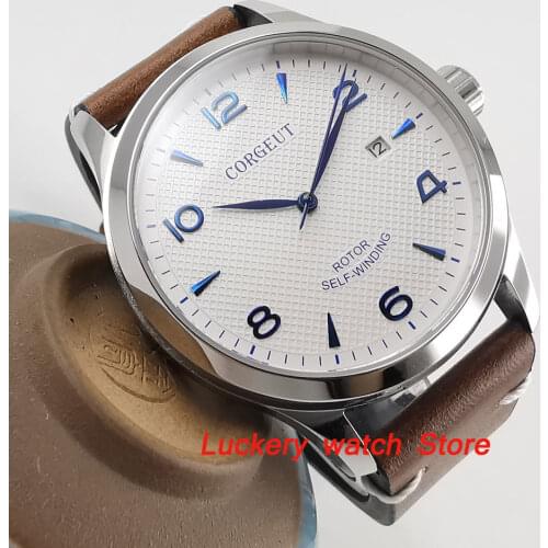 42mm corgeut mens watch white dial blue hands and marker sapphire glass Automatic watch-CA40