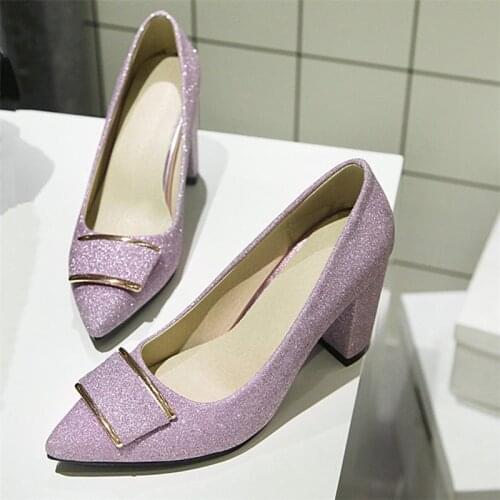 AGODOR Chunky High Heels Female Shoes Pointed Toe Bling Glitter Pumps 2020 Spring Autumn Block Heel Ladies Wedding Shoes Purple