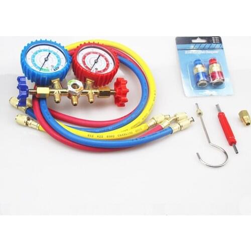Car R134A R12 R22 R502 A/C Refrigerants Manifold Gauges Set Double Table Valve Charging Hose 90cm Quick Couplers Adapter