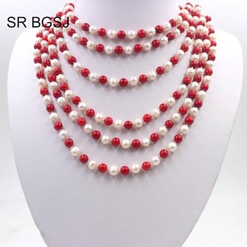Free Shipping Natural Nearly Round Cultured Pearl & Red Coral Beads Knot Rope Necklace 6-7mm 100"