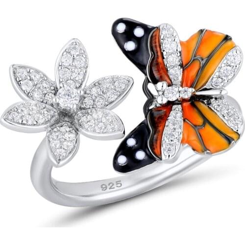 Bohemia Butterfly Flower Silver Wedding Rings for Women Austria Zircon Crystal Enamel Unique Animal Ring Bride Luxury Jewelry