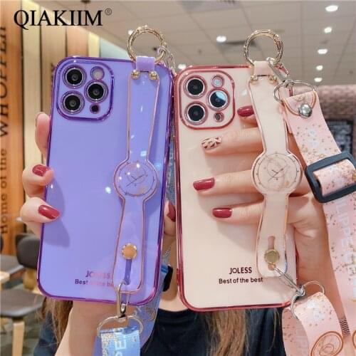 Shoulder Strap Wristband Holder Case for iPhone 12 Mini 11 Pro XR XS Max X 7 8 Plus 6 6S SE Camera Protect Electroplated Cover