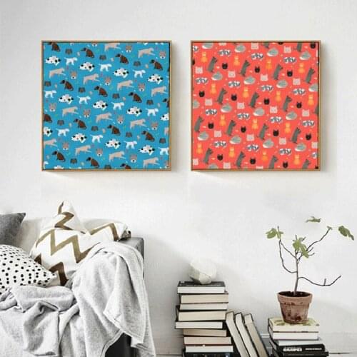 HAOCHU Children Gifts Pop Art Blue Orange Base Dogs And Cats Canvas Painting Prints Poster Sofa Background Kid Room Home Decor