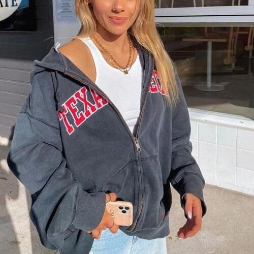 Zip Hoodie Red Letter Print Retro Sweatshirt Ladies Clothes Long Sleeve Loose Girl Fashion Top Design 2020 Winter