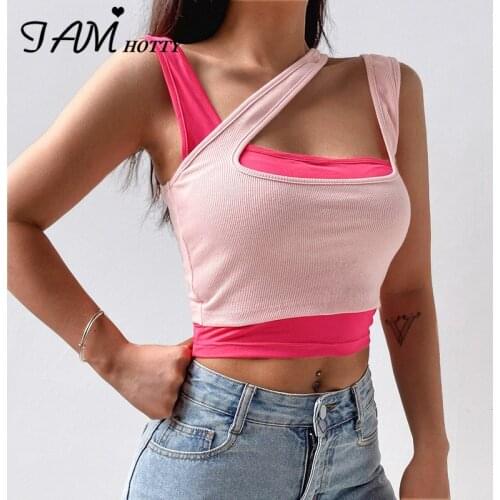 IAMHOTTY Pink Patchwork Solid Basic Tank Top Women y2k Sleeveless Hollow Out Sexy Streetwear Club Beach Crop Tops Female Cute