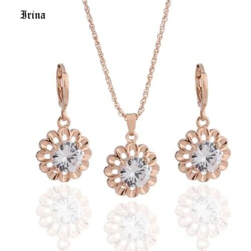 Irina Jewerly Sets For Women With White Zircon 585 Rose Gold Color Flower Funny Earrings Fashion Jewelry Necklace Pendant Set