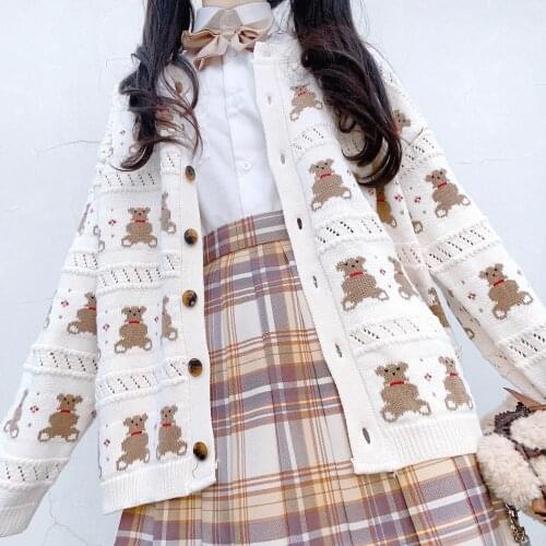 JK Sweater For Women Autumn Japanses Style Cute Bear Graphic Long Sleeve Knitted Cardigan Single-Breasted Female Clothing