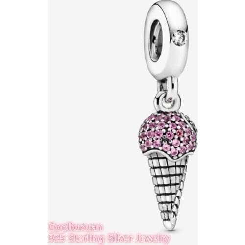 Valentines Day 925 Sterling Silver Pave Ice Cream Cone Dangle Charm beads Fit Original Pandora Charms Bracelet DIY jewelry