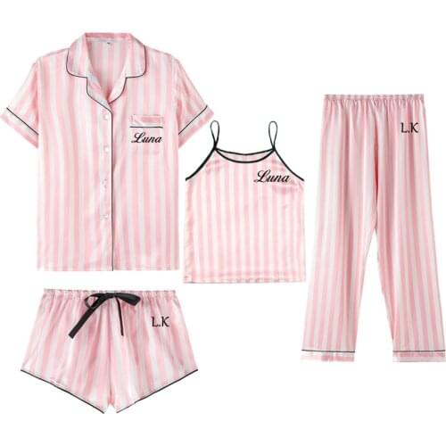 4 Piece Personalized Name Women Sleepwear Faux Silk Satin Pajamas Set Sleeve Sleepwear Pajamas Suit Female Homewear