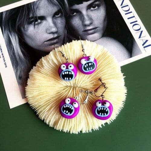 Creative Funny Handmade Purple Little Monster Hoop Earrings Cute Cartoon Soft Clay Ear Clips Harajuku Style Accessories
