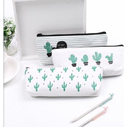 Cute cartoon simple large capacity box stationery bag cute cactus student pen holder canvas creative multifunctional