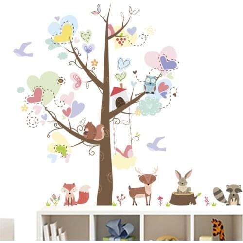 Cartoon Animals With Love Heart Tree Wall Sticker For Kindergarten Kids Room Home Decor Lovely Safari Mural Art Pvc Decal