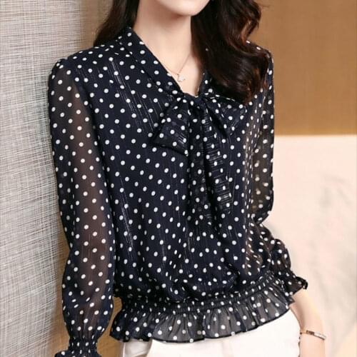 Spring Summer 2021 New Polka-dot Chiffon Shirt Loose Thin Nine-point Sleeve Blouse Scarf Collar Oversized Ladies Top
