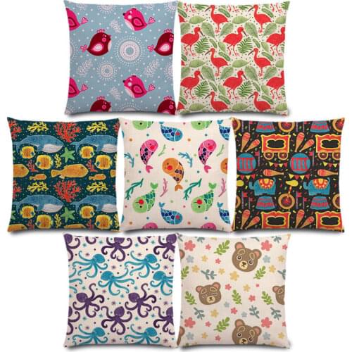 New Cute Little Animals Sweet Spring Hedgehog Rabbit Bird Fox Flamingo Beautiful Floral Pattern Cushion Cover Pillow Case