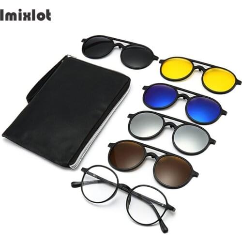 6pcs/set Vintage Round Polarized Clip On Sunglasses Men Women Magnetic Clips Eyewear Eyeglass Optical Frame Night Vision Glasses