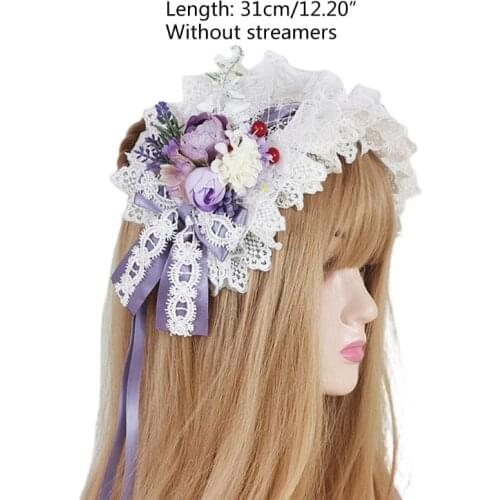 Lolita Pastoral Headband Artificial Flower Ruffled Lace Hairband Sweet Bowknot Long Ribbon Anime Cosplay Hair Accessory