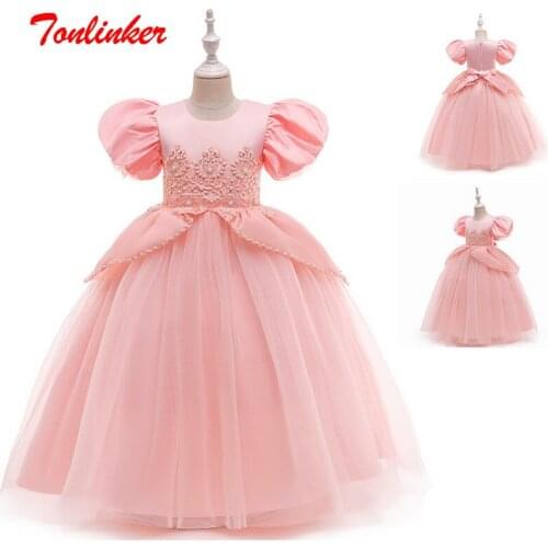 Christmas Girls Princess Dress Lace Embroidery Pearl Costume Pink Dress Kids Fancy Cosplay Party Dresses Children Clothing