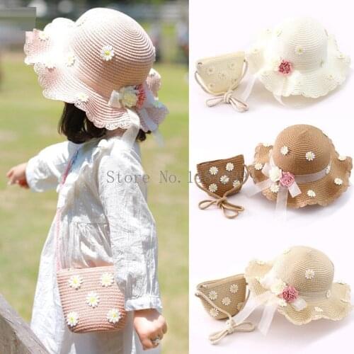 New Summer Girl Straw Hat Bag Set Sun Cap Outdoor Kids Breathable Beach Hats Chrysanthemum Sweet Princess Seaside Panama Hat