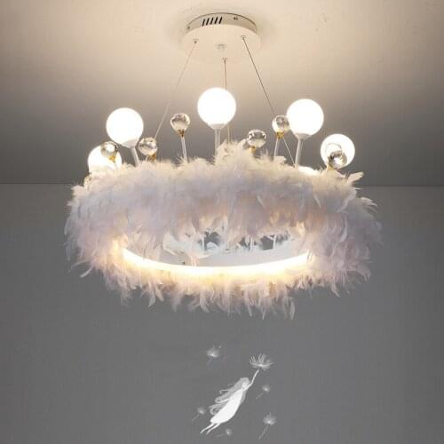 LED feather chandelier princess bedroom living room crystal lamp girl warm net red light crown nordic minimalist pearl design