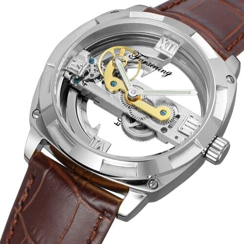 Top Luxury Brand FORSINING Transparent Mechanical Watch Mens Steampunk Skeleton Automatic Self Wind Strap Leather Clock