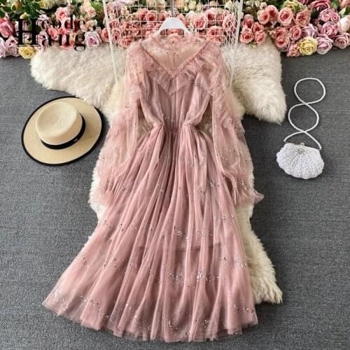 HangCode Vintage Inspired Bling Bling Lace Dress Women Elegant Palace Style Ruffled Big Swing Long Party Dress Two Piece Suits