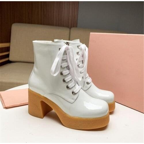 2021 Mixed Colors Women Martin Boots Patent Leather Round Toe Mid Heel Platform Rome Winter White Lace-Up Waterproof Ankle Boots