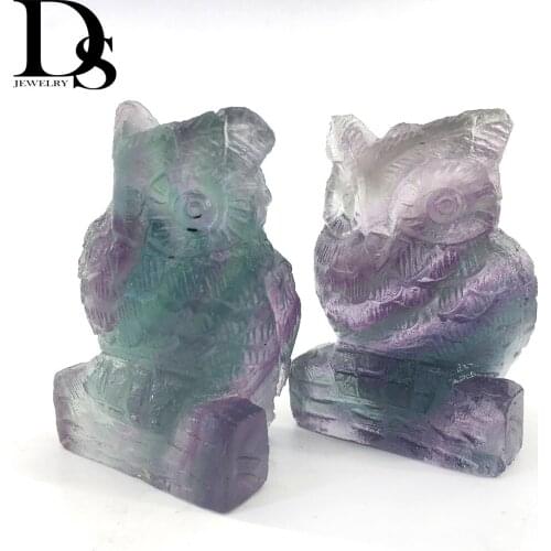 2" Natural Rainbow Fluorite Owl Crystal Figurine Carved Quartz Statue Healing Reiki Meditation Party Gifts Home Decoration