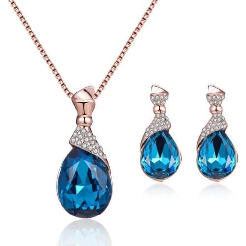2021 New Crystal Blue Opal Gold Color Choker Women Cute Pendant Necklace Set Girls Collar Collier Jewelry Pendants Party