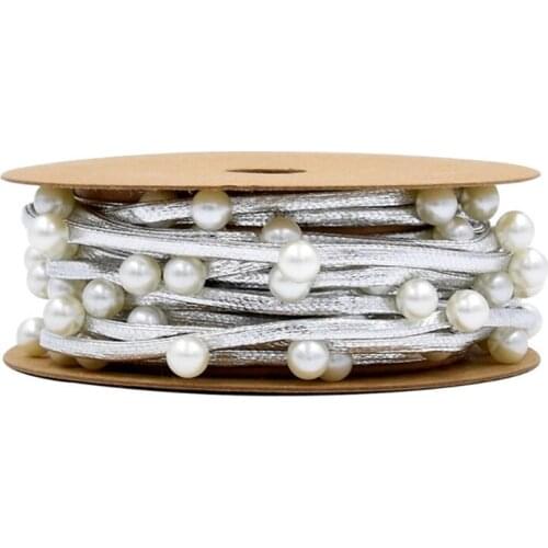 667E String Beaded Ribbon Artificial Pearl String Satin Ribbon Beaded Ribbon Golden Silver Beaded Fringe Trim By The Yard