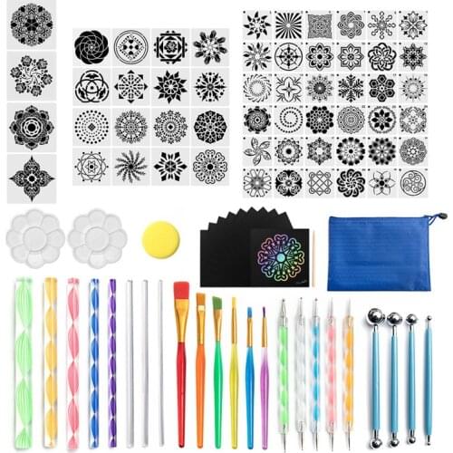 93pcs DIY Mandala Dotting Tools Set Pattern Mold Embossing Dot Kit Dotting Pens Brush Acrylic Rods Rocks Painting Tools Bag