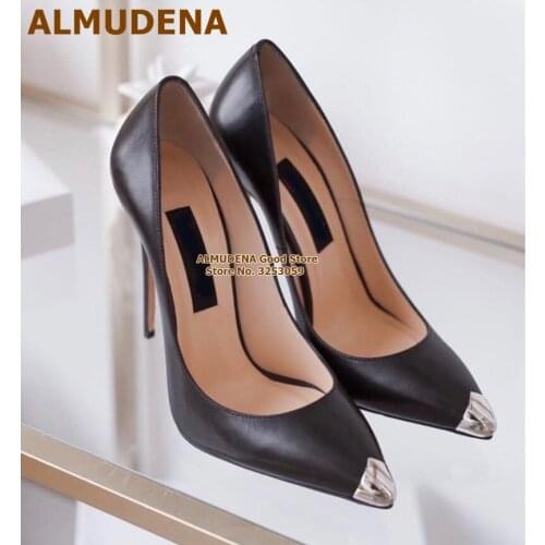 ALMUDENA Metallic Steel Tip Toe High Heel Shoes Color Patchwork Pointed Toe Dress Pumps Stiletto Heels Party Shoes Size47