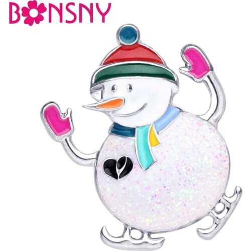 Bonsny Enamel Alloy Christmas Skiing Snowman Brooches Pin Cute Figure Jewelry For Women Girls Gift Scarf Dress Decoration Charms