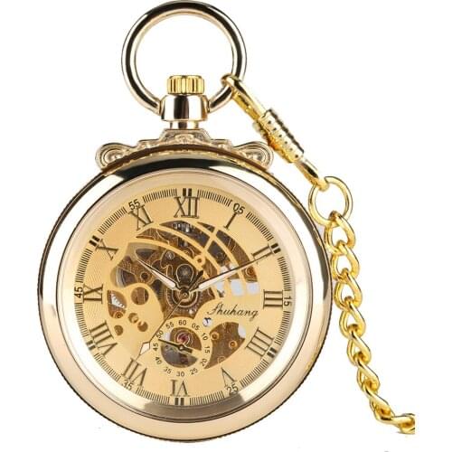 Royal Gold Open Face Mechanical Pocket Watch Roman Numerals Skeleton Display Jewelry Watches Chain Clock Women reloj de bolsillo