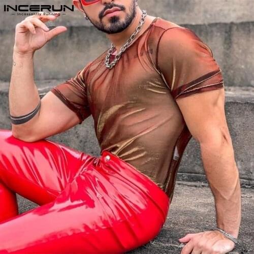 INCERUN 2021 American Style CasuaI T-Shirts Streetwear See-through Two-tone Flash Party Nightclub Shiny Short-sleeved Tops S-5XL