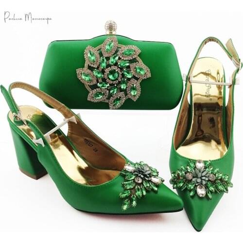 Fashion Green Shoes and Bags Set Italian Women Shoes and Matching Bags with Crystal Mature Style African Lady Shoes and Bag