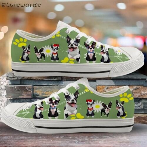 ELVISWORDS Cute Pug Dog and Paw Footprint Pattern Woman Low Top Canvas Shoes Spring/Autumn Woman Sneakers Girls Vulcanized Shoes