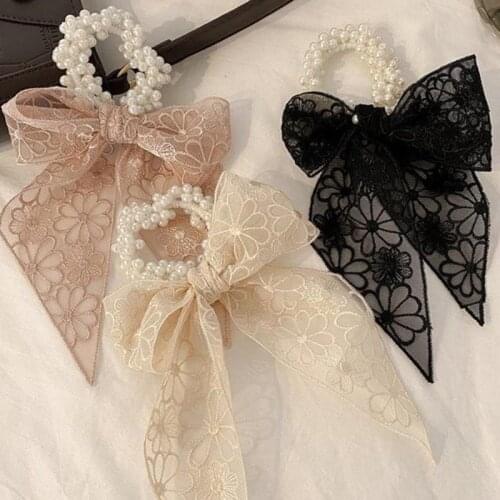 Lace Pearl Small Fresh Super Fairy Ribbon Bow Hair Ring Headdress Flower Hair Rope Korean Girl Girl With Rubber Band Hair Tie