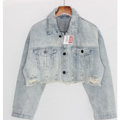 High Waist Extra Short Vintage Holes Denim Jacket Coat Women Outerwear 2021 Spring Autumn Loose Long sleeve Jeans Jackets Female