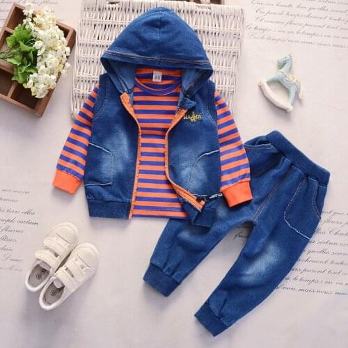 Hot sale 2019 new baby boy and girl cloth suit fashion hooded childrens' denim set kids jeans 3 pieces clothing set