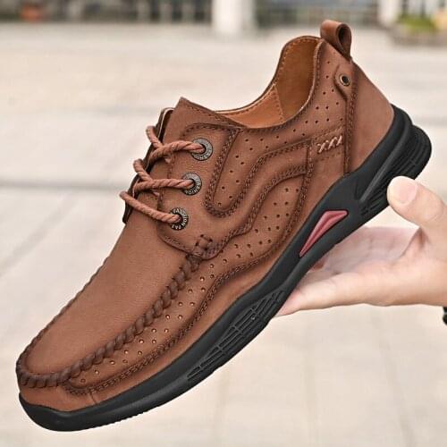 Mens Casual Shoes First Layer Cowhide Manual Casual Shoes Outdoor Breathable Hiking Shoes Non-slip Hiking Shoes Travel Shoes 46