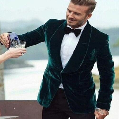 2 Pieces Mens Velvet Suit Slim Fit Dark Green Costume Tuxedos Shawl Lapel Groomsman Mens Wedding Suits Bridegroom Men clothes